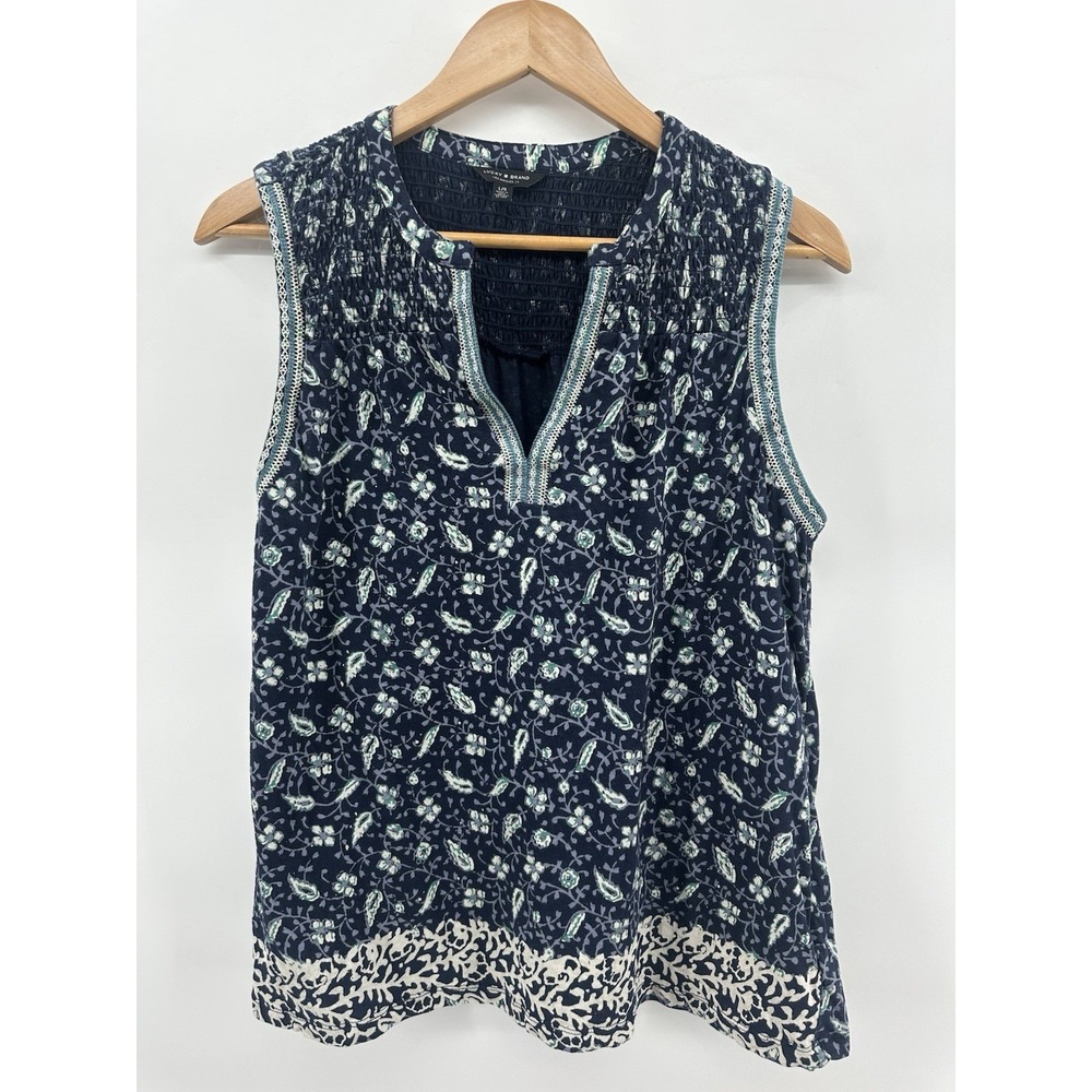 Lucky Brand, Boho Top L Embroidered Blue Navy Split Neck Marked Lightweight